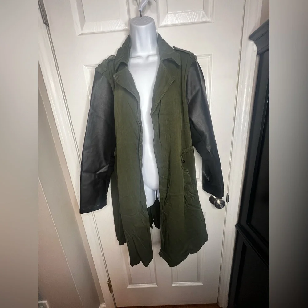 Torrid 0 Twill Canvas Drawstring Jacket Green Olive Faux Leather Sleeve L 12 - Picture 14 of 15